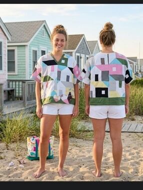 Upcycled Vtg Quilt-top "Cottages" One Sz Oversized Dont Throw It Out